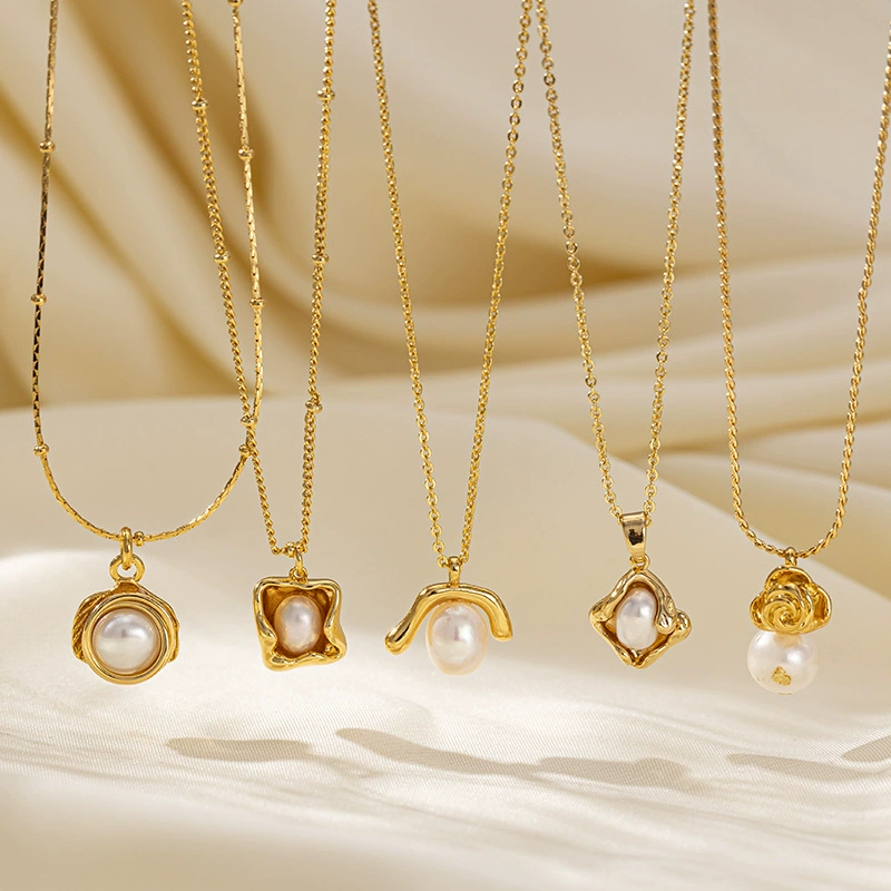 LIVKE’s vintage genuine pearl necklace with 18K gold-plated chain, styled with a black silk dress for timeless elegance.