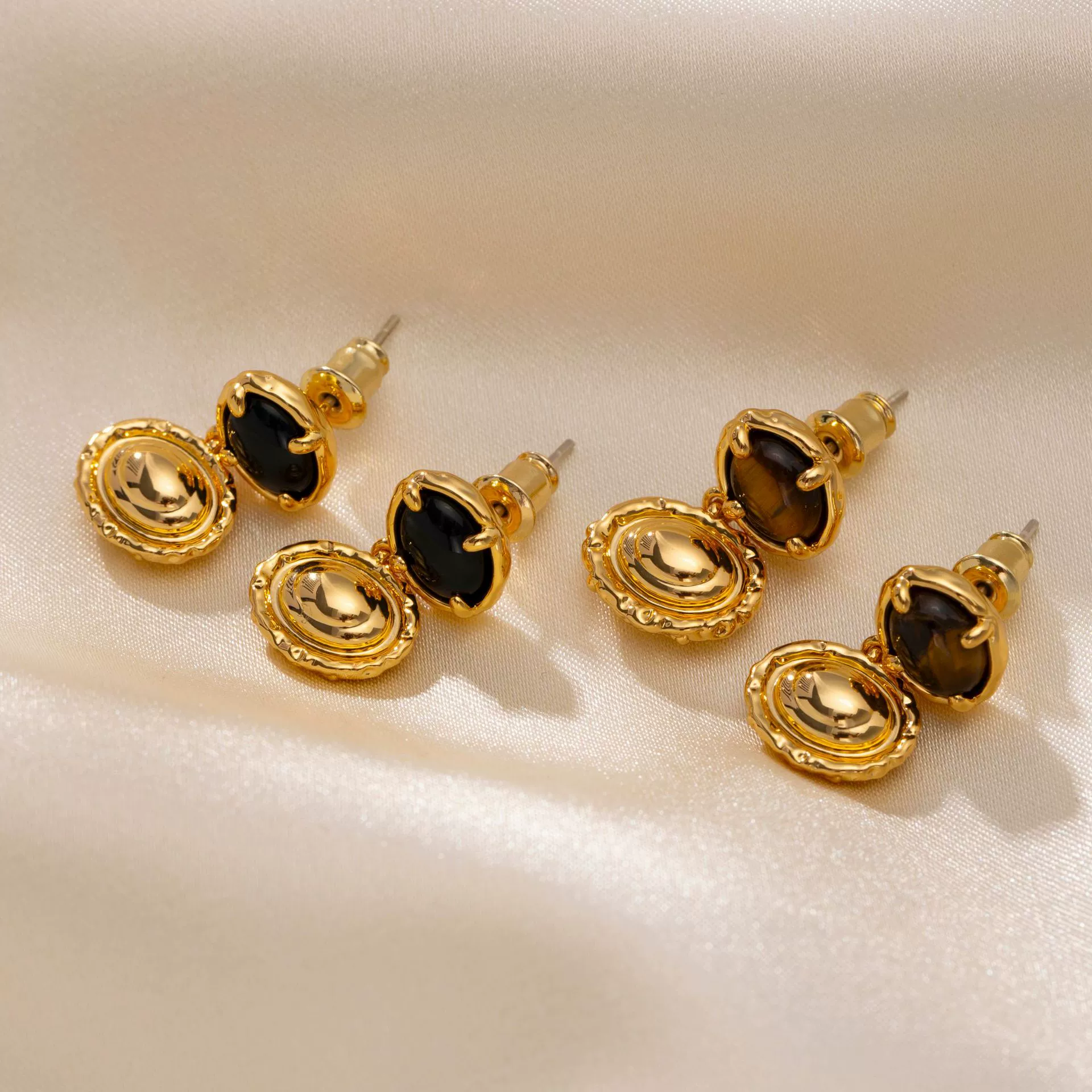 LIVKE retro tiger eye stone brass gold-plated earrings, showing high-end and fashionable
