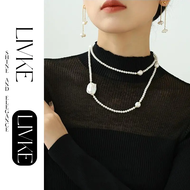 LIVKE’s gold baroque pearl necklace styled in three ways: as a choker, layered chains, and wrapped bracelet for boho versatility.