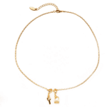 Close-up of LIVKE’s electroplated 18K gold brass zircon stone necklace with a round lock clasp, styled over a chic neckline.