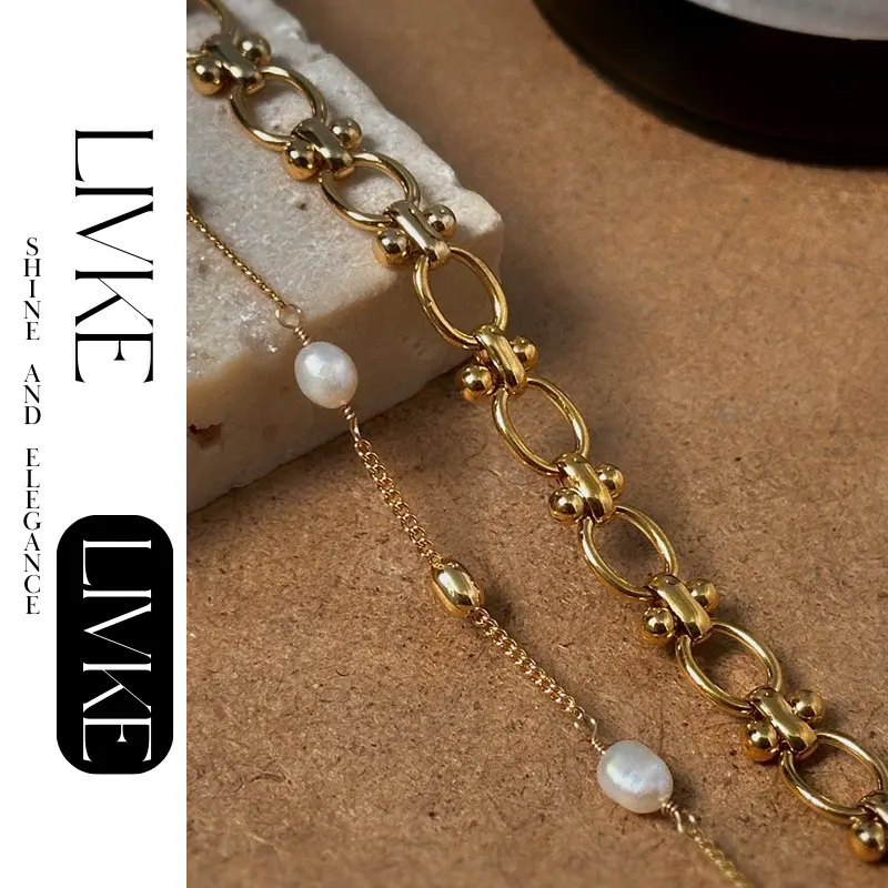 LIVKE’s gold freshwater pearl bracelet styled three ways: wrist, layered, and ankle chain for versatile elegance.