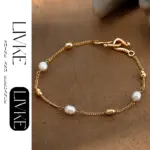 LIVKE’s gold freshwater pearl bracelet styled three ways: wrist, layered, and ankle chain for versatile elegance.