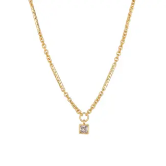LIVKE’s gold-plated square zircon pendant necklace styled with a white silk blouse for timeless elegance.