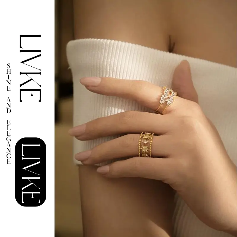 LIVKE’s gold vintage star open ring with cubic zirconia, stacked with moon and crystal bands for boho-chic style.