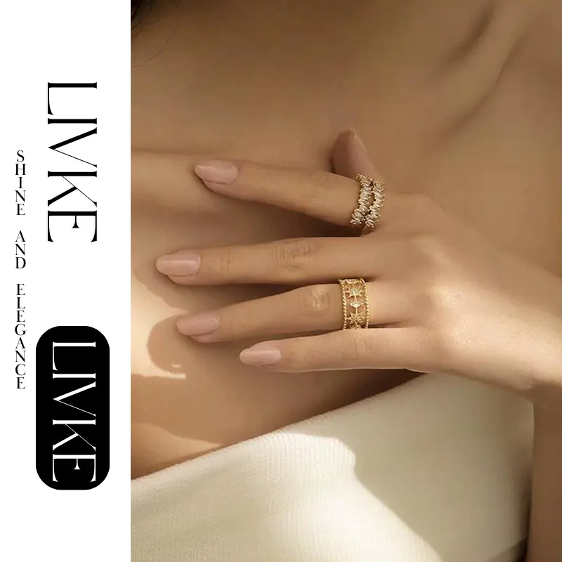 LIVKE’s gold vintage star open ring with cubic zirconia, stacked with moon and crystal bands for boho-chic style.