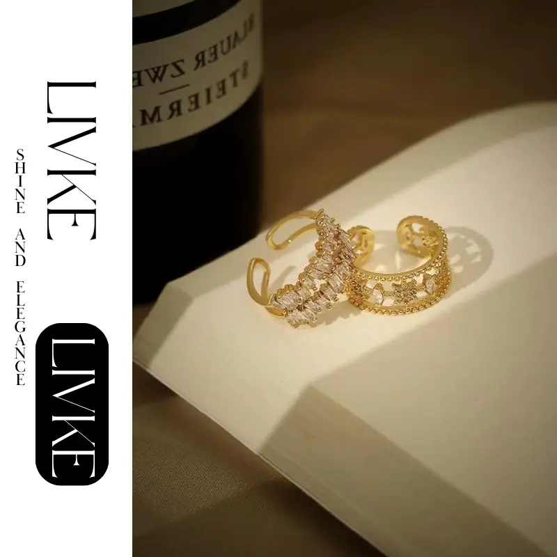 LIVKE’s gold vintage star open ring with cubic zirconia, stacked with moon and crystal bands for boho-chic style.