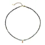 Adjustable LIVKE brass necklace with amethyst and turquoise beads layered over linen dress for bohemian everyday style.