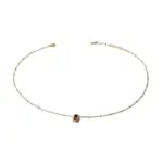 Midnight Pearl Necklace 1 Model wearing LIVKE necklace with black CZ and pearl pendants on collarbone