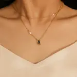 Midnight Pearl Necklace 2 Model wearing LIVKE necklace with black CZ and pearl pendants on collarbone