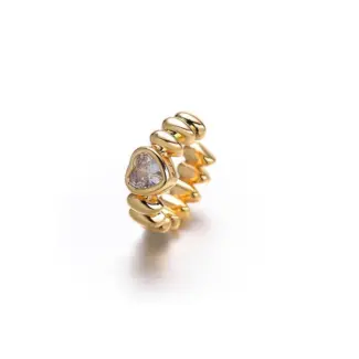 18K gold-plated adjustable heart ring with brilliant zirconia center, layered with minimalist bands on marble texture