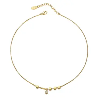 Professional woman wearing LIVKE square zirconia necklace with blazer and silk shirt, showcasing minimalist office jewelry for modern workwear