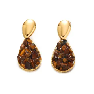 Woman wearing LIVKE teardrop tiger eye earrings with tailored blazer, showcasing minimalist office jewelry with natural stone accents