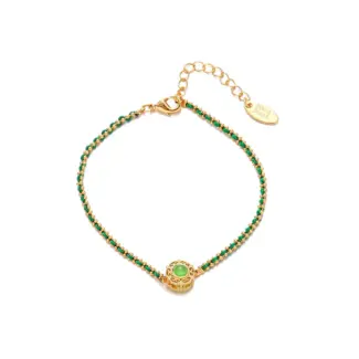 Adjustable layered bracelet with green braided cord, gold bead chains, and olive stone pendant on linen fabric, showing hypoallergenic clasp and boho styling for daily wear