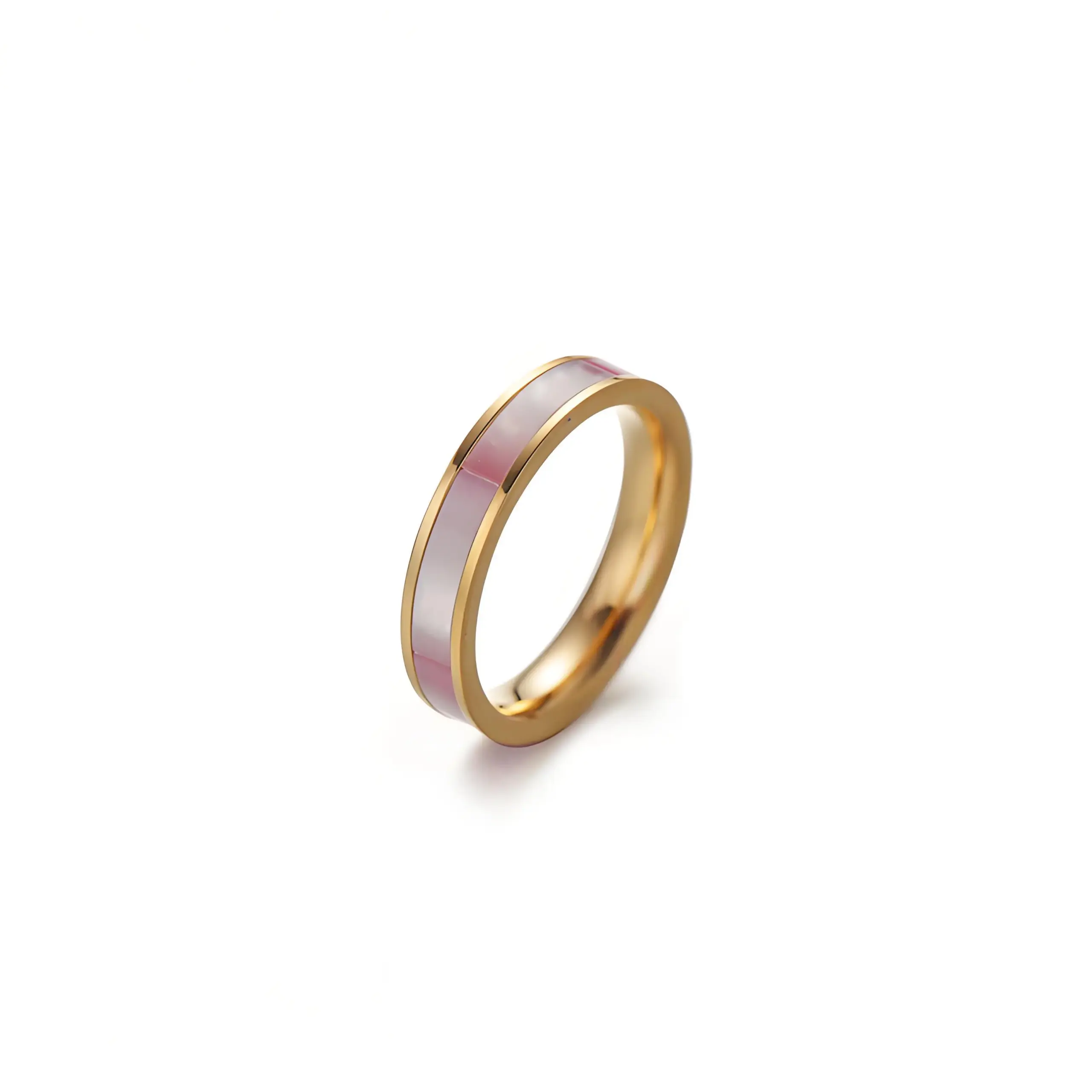 livke-mother-of-pearl-ring-tri-color-stack (2) LIVKE 18K gold-plated mother-of-pearl rings in three colors (white/pink/grey) stacked on finger with minimalist outfits