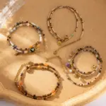 Woman wearing LIVKE multi-color stone necklace at desert festival, showcasing boho jewelry with adjustable gold pendant