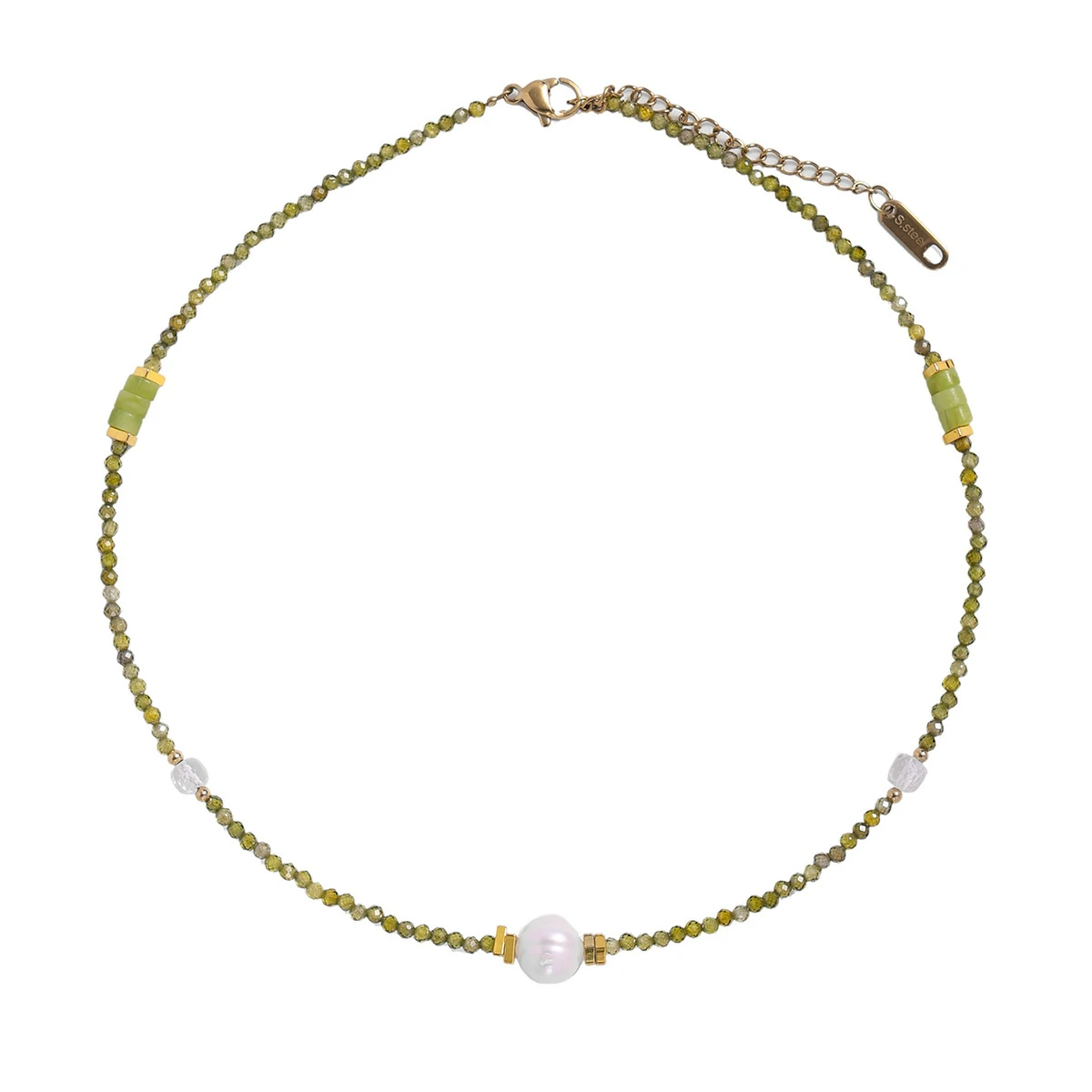 livke-natural-pearl-green-bead-necklace-layering (2) Woman wearing LIVKE pearl and green beaded necklace with silk blouse, showcasing minimalist jewelry for work and evening events