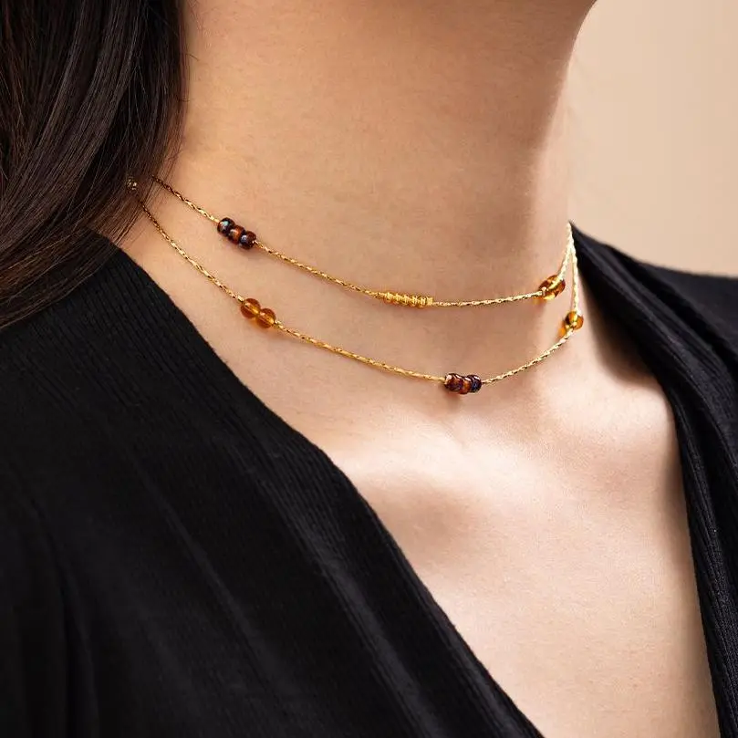 livke-tri-bead-necklace-double-layer-stack (2) LIVKE gold-plated adjustable tri-bead necklace styled as double layers with minimalist pendants, showing day-to-night versatility