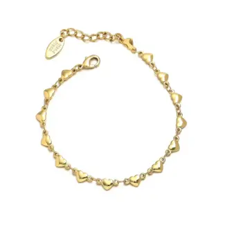 18K gold plated chain bracelet with twelve engraved heart charms, blending Edwardian elegance with modern minimalist jewelry trends