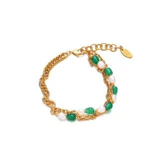 Delicate silver chain bracelet with alternating green aventurine stones and white pearls, perfect for minimalist jewelry lovers and nature-inspired gifts