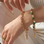 Delicate silver chain bracelet with alternating green aventurine stones and white pearls, perfect for minimalist jewelry lovers and nature-inspired gifts