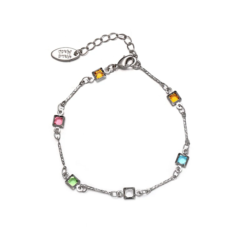 livke-prismatic-bracelet-bauhaus-minimalism Delicate chain bracelet with six colorful square zirconia stones in Bauhaus-inspired geometric arrangement, perfect for minimalist jewelry lovers and modern gift ideas