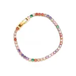 Rainbow Sparkle Tennis Bracelet 1 Three-tone zirconia tennis bracelets showcasing gold, silver, and rainbow color options, perfect for jewelry stacking and special occasion gifts