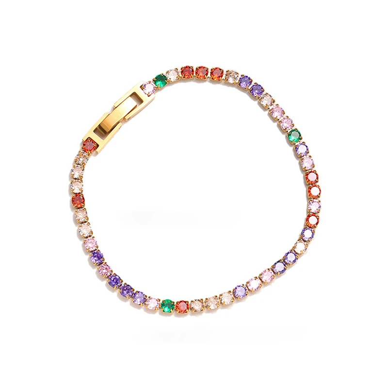 livke-rainbow-tennis-bracelet-gold-warm-tone-comparison Three-tone zirconia tennis bracelets showcasing gold, silver, and rainbow color options, perfect for jewelry stacking and special occasion gifts
