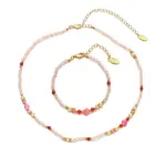 Pink Crystal Jewelry Set 1 Pink rose quartz and white agate bead jewelry set on gold chain, designed for chakra balancing and minimalist spiritual accessories