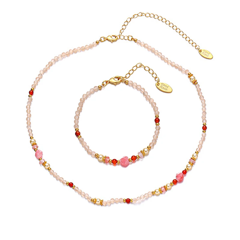 livke-rose-quartz-set-energy-healing (6) Pink rose quartz and white agate bead jewelry set on gold chain, designed for chakra balancing and minimalist spiritual accessories