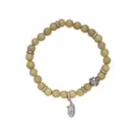 Sacred Forest Charm Bracelet 1 Olive green aventurine bead bracelet with silver feather charm and floral spacer beads, designed for spiritual healing and crystal energy jewelry lovers